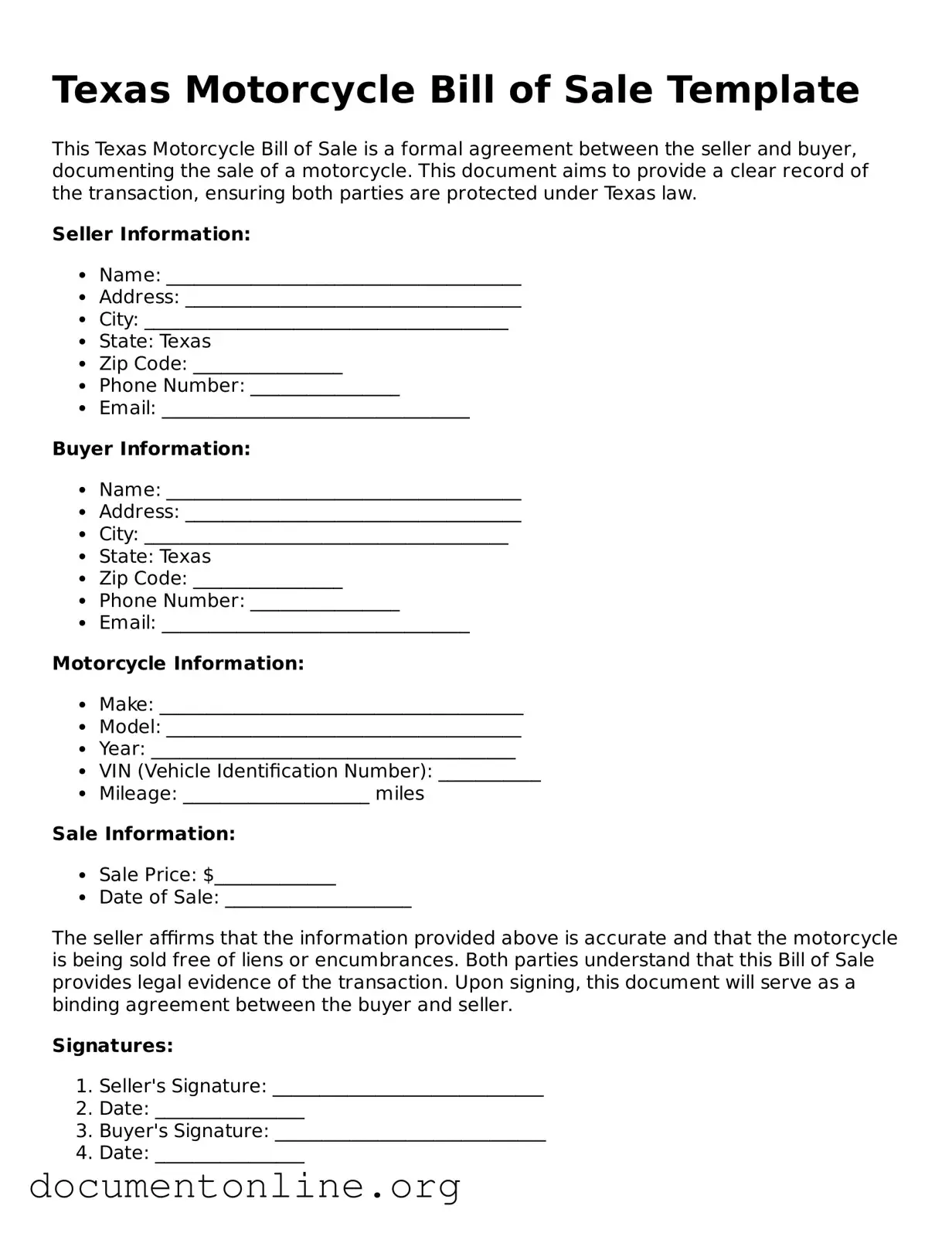Free Motorcycle Bill of Sale Form for Texas State