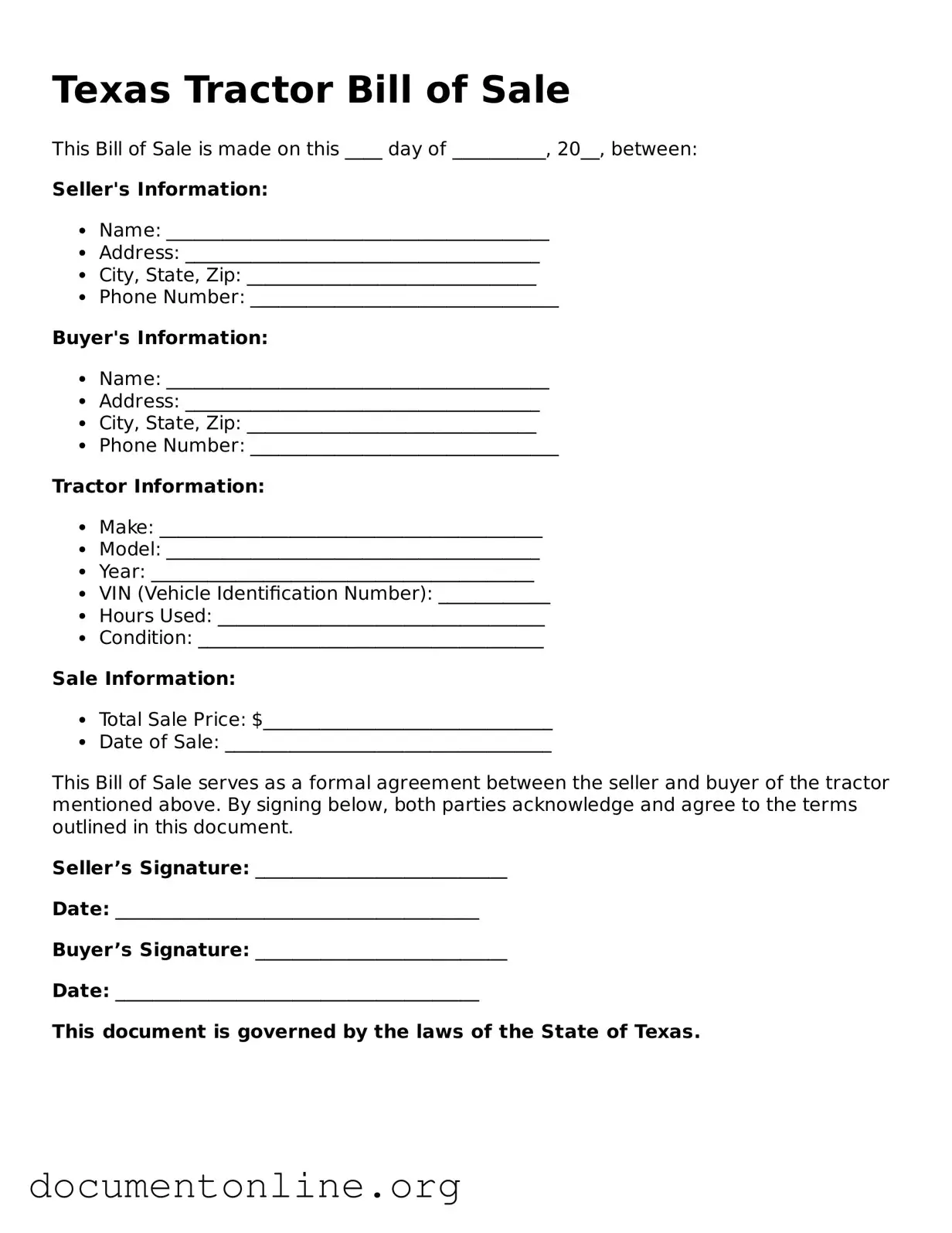 Free Tractor Bill of Sale Form for Texas State