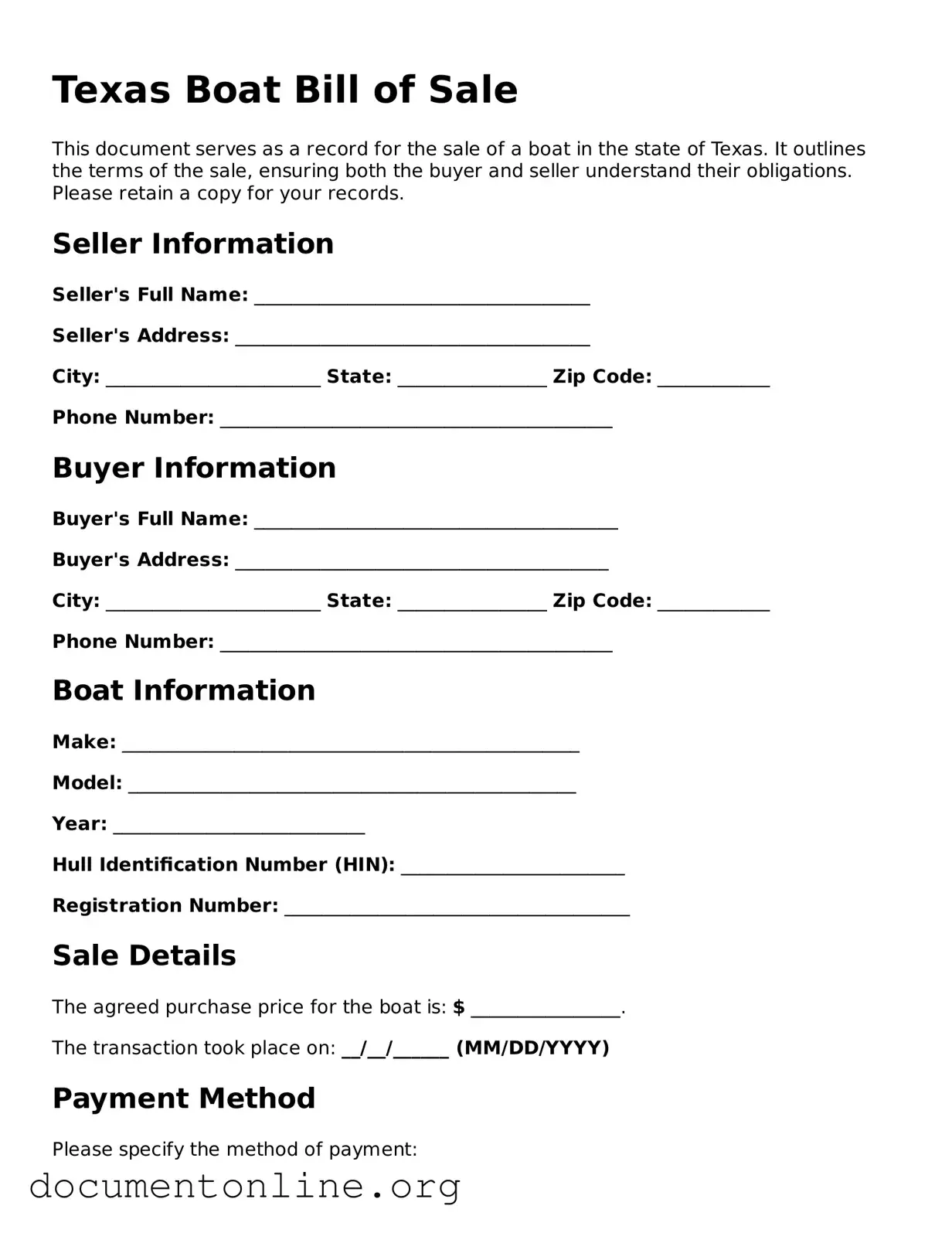 Free Boat Bill of Sale Form for Texas State