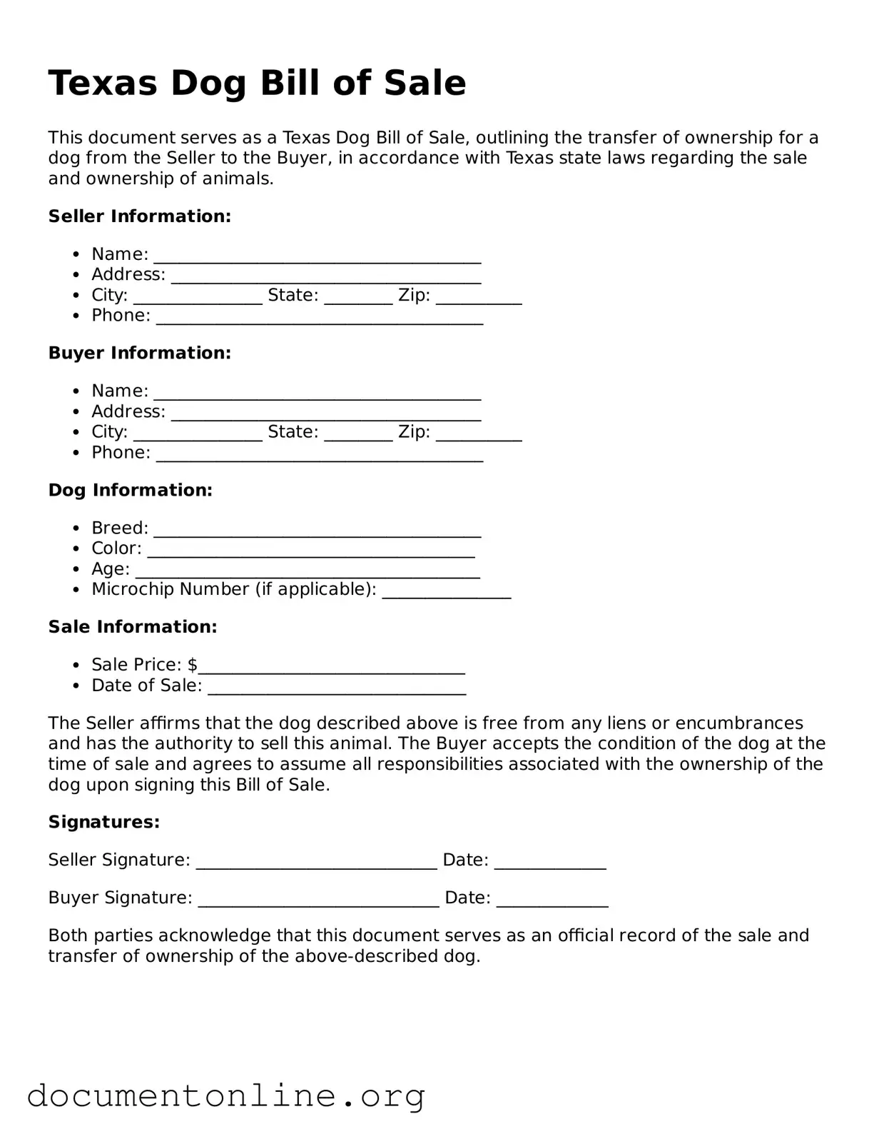 Free Dog Bill of Sale Form for Texas State
