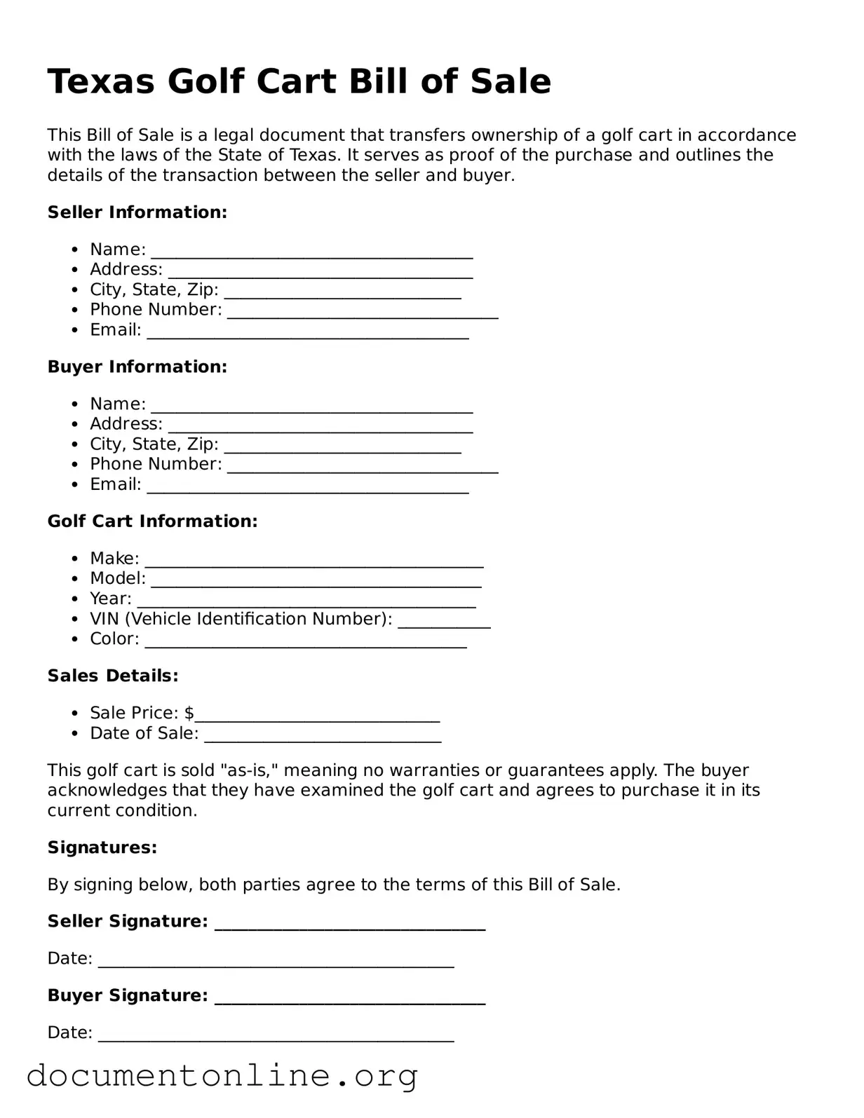 Free Golf Cart Bill of Sale Form for Texas State