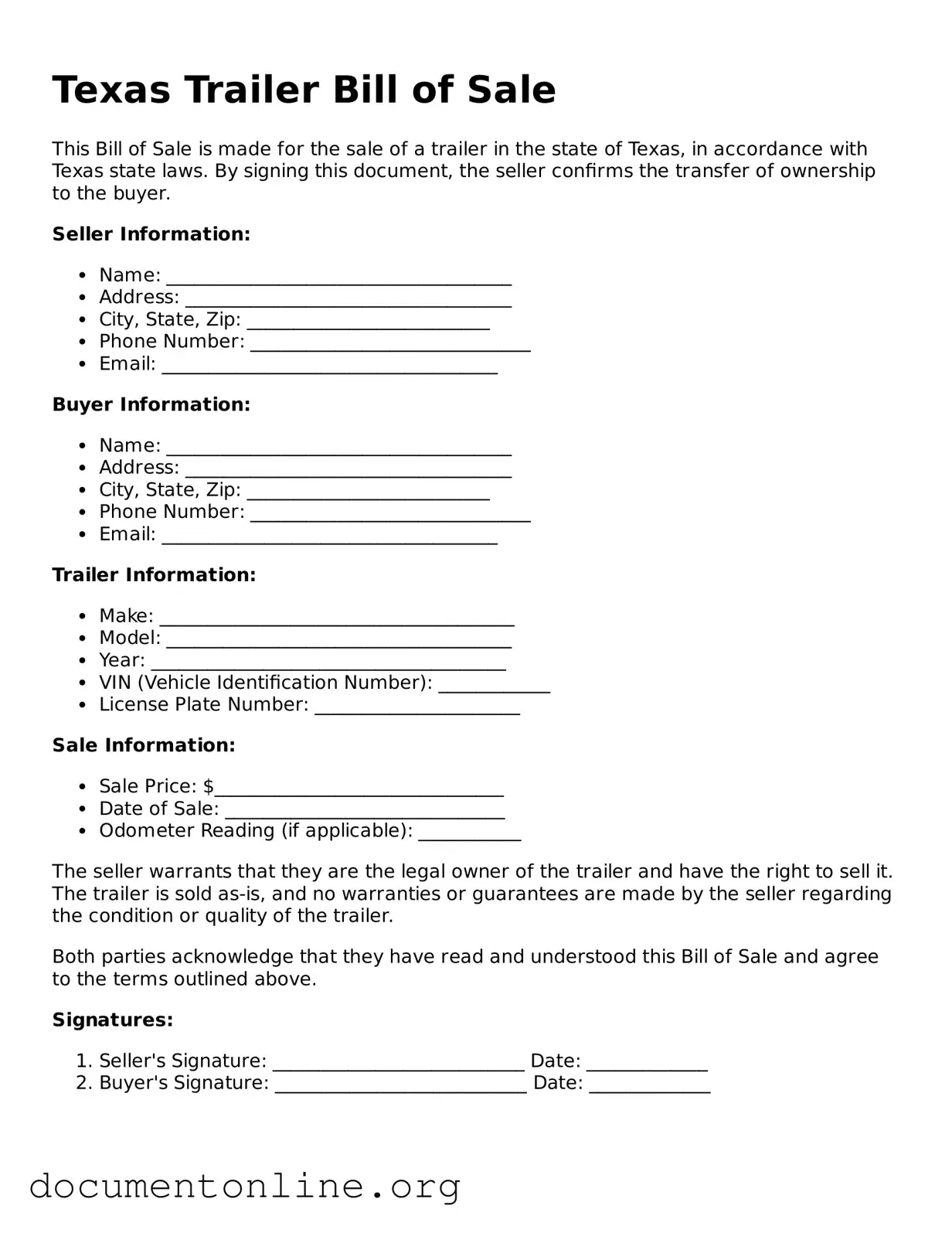 Free Trailer Bill of Sale Form for Texas State