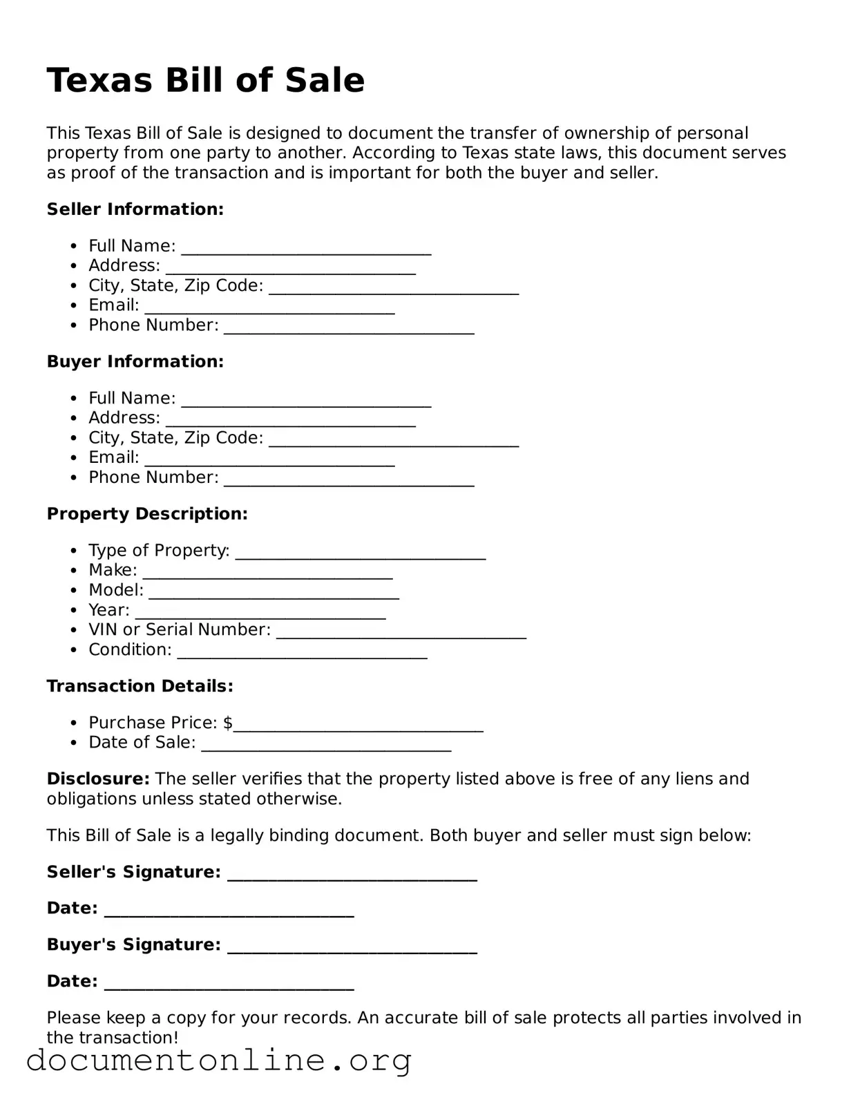 Free Bill of Sale Form for Texas State