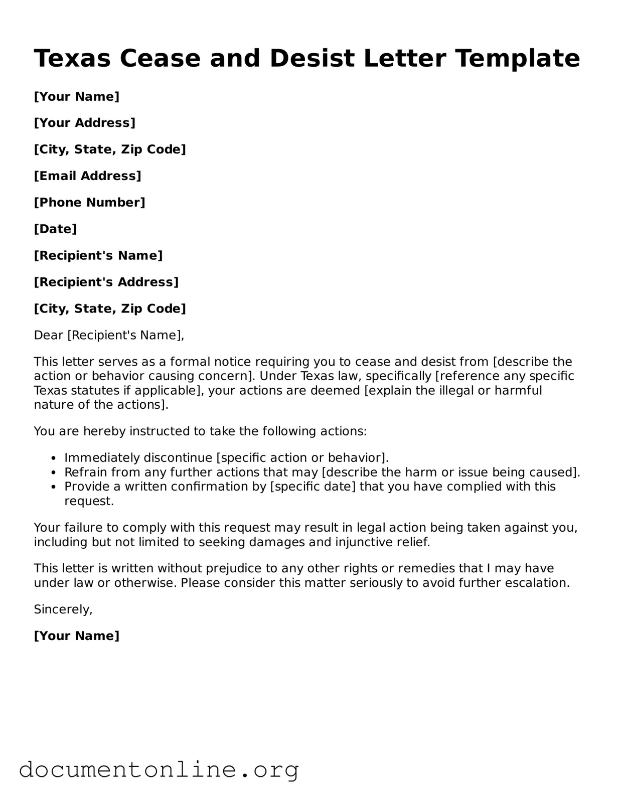 Free Cease and Desist Letter Form for Texas State
