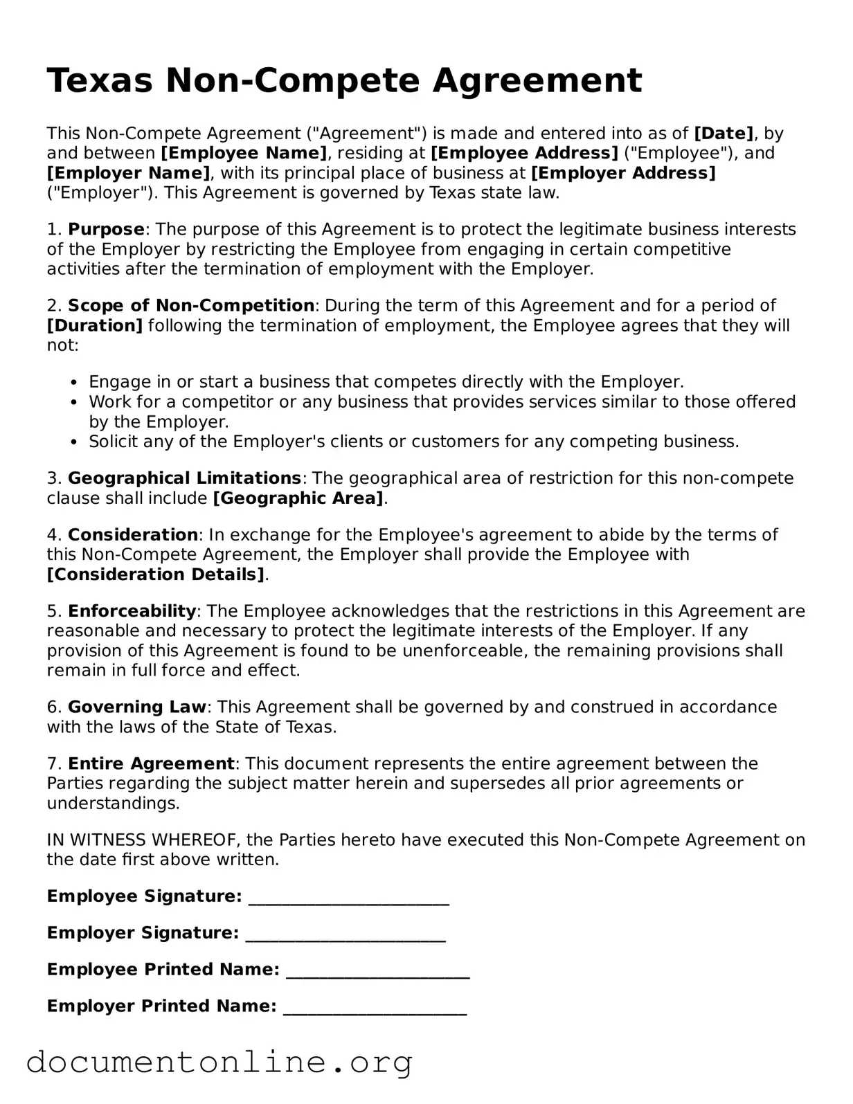 Free Non-compete Agreement Form for Texas State