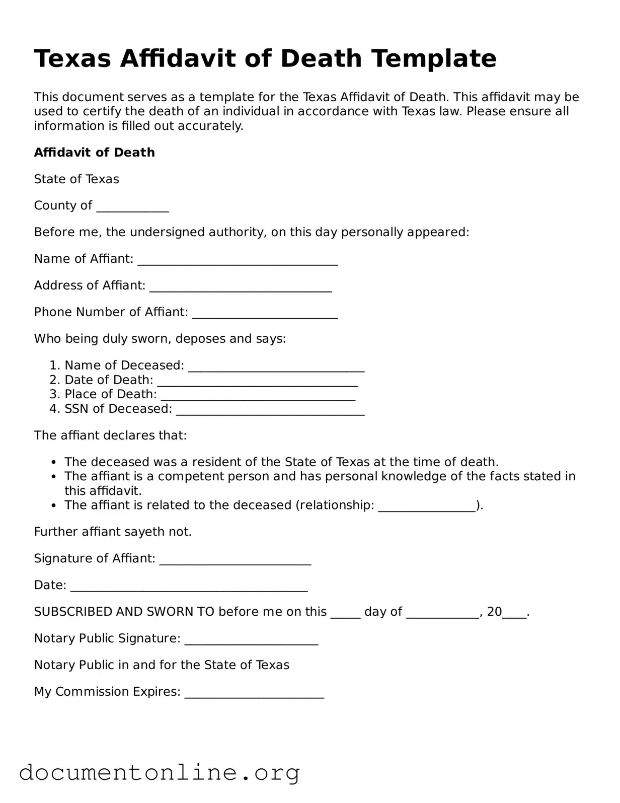 Free Affidavit of Death Form for Texas State