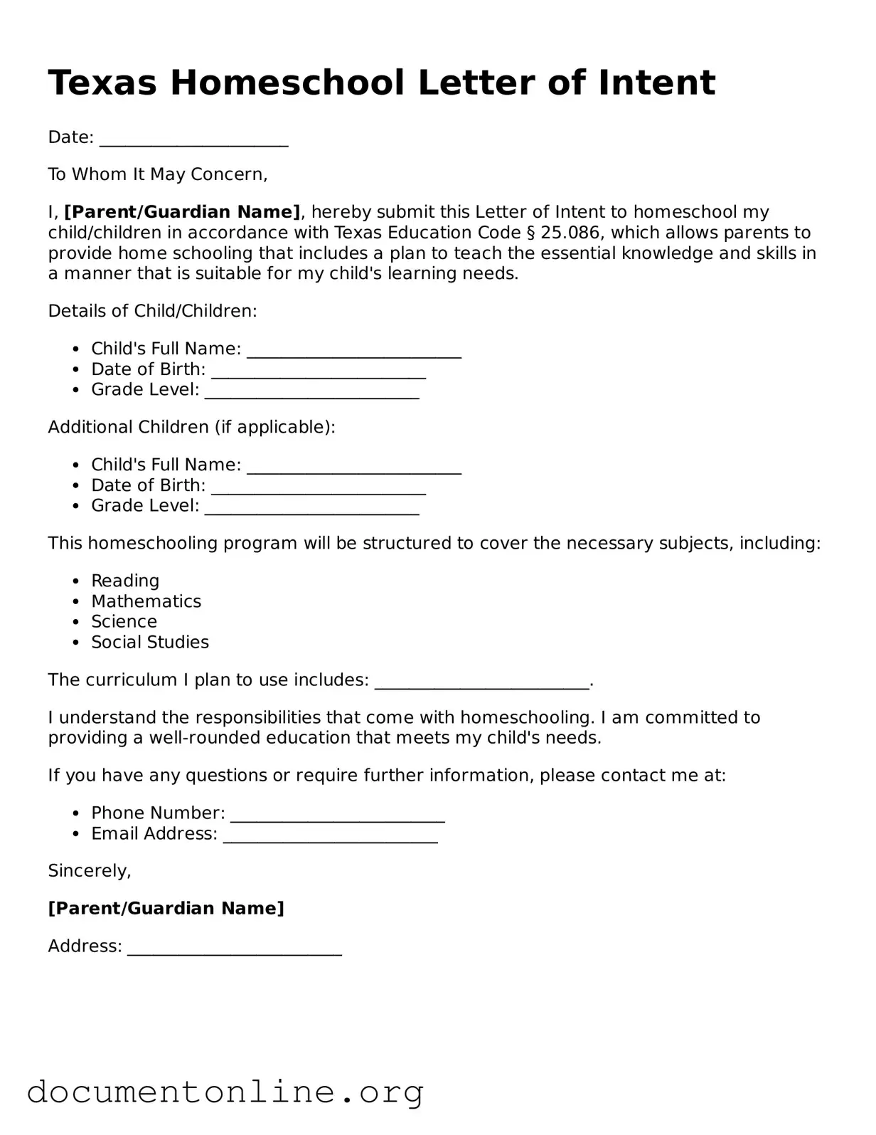 Free Homeschool Letter of Intent Form for Texas State