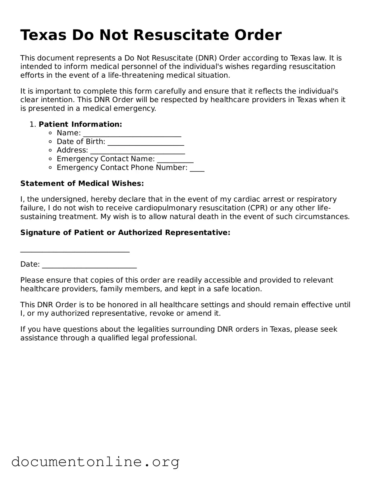 Free Do Not Resuscitate Order Form for Texas State