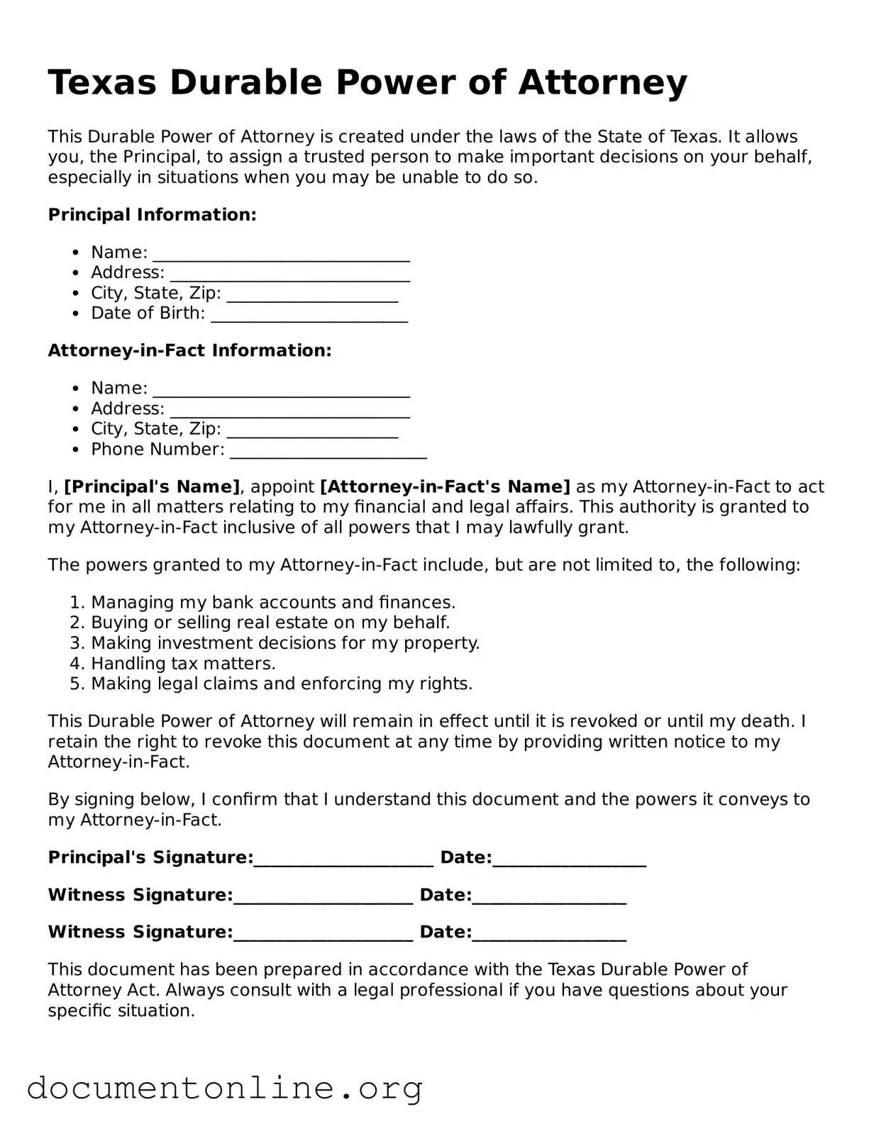 Free Durable Power of Attorney Form for Texas State