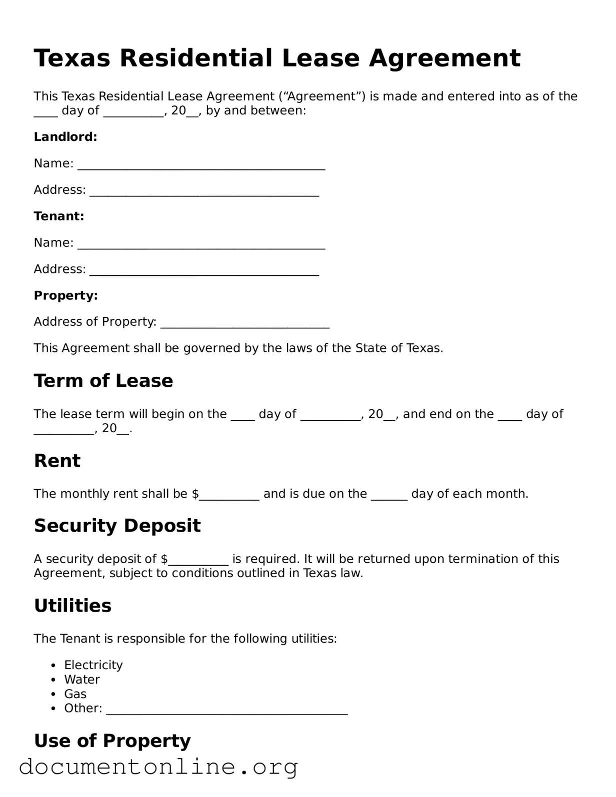 Free Residential Lease Agreement Form for Texas State