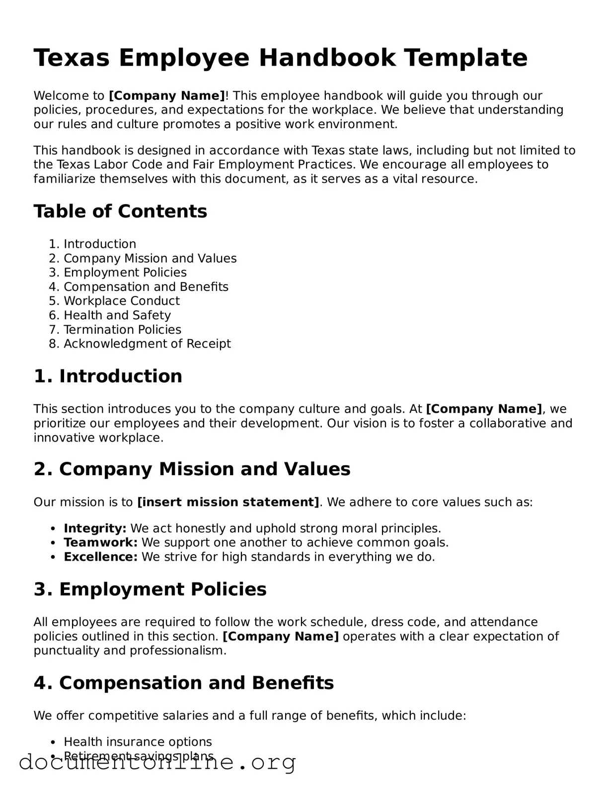 Free Employee Handbook Form for Texas State