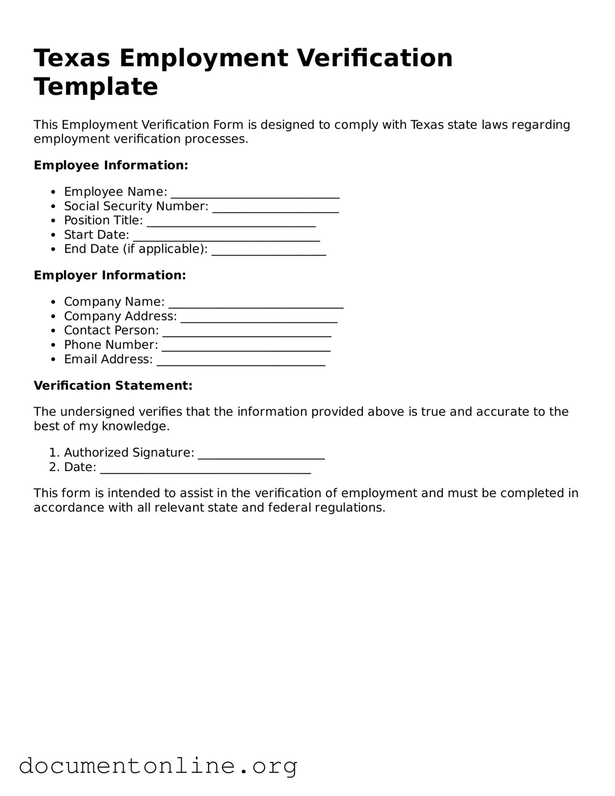 Free Employment Verification Form for Texas State