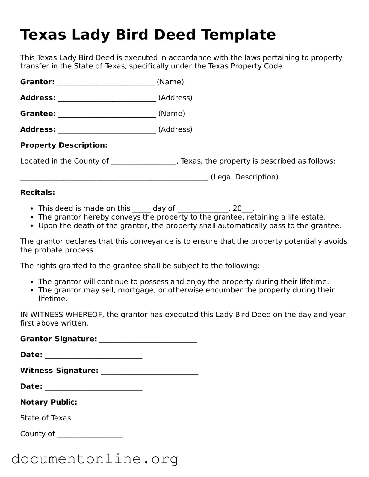 Free Lady Bird Deed Form for Texas State