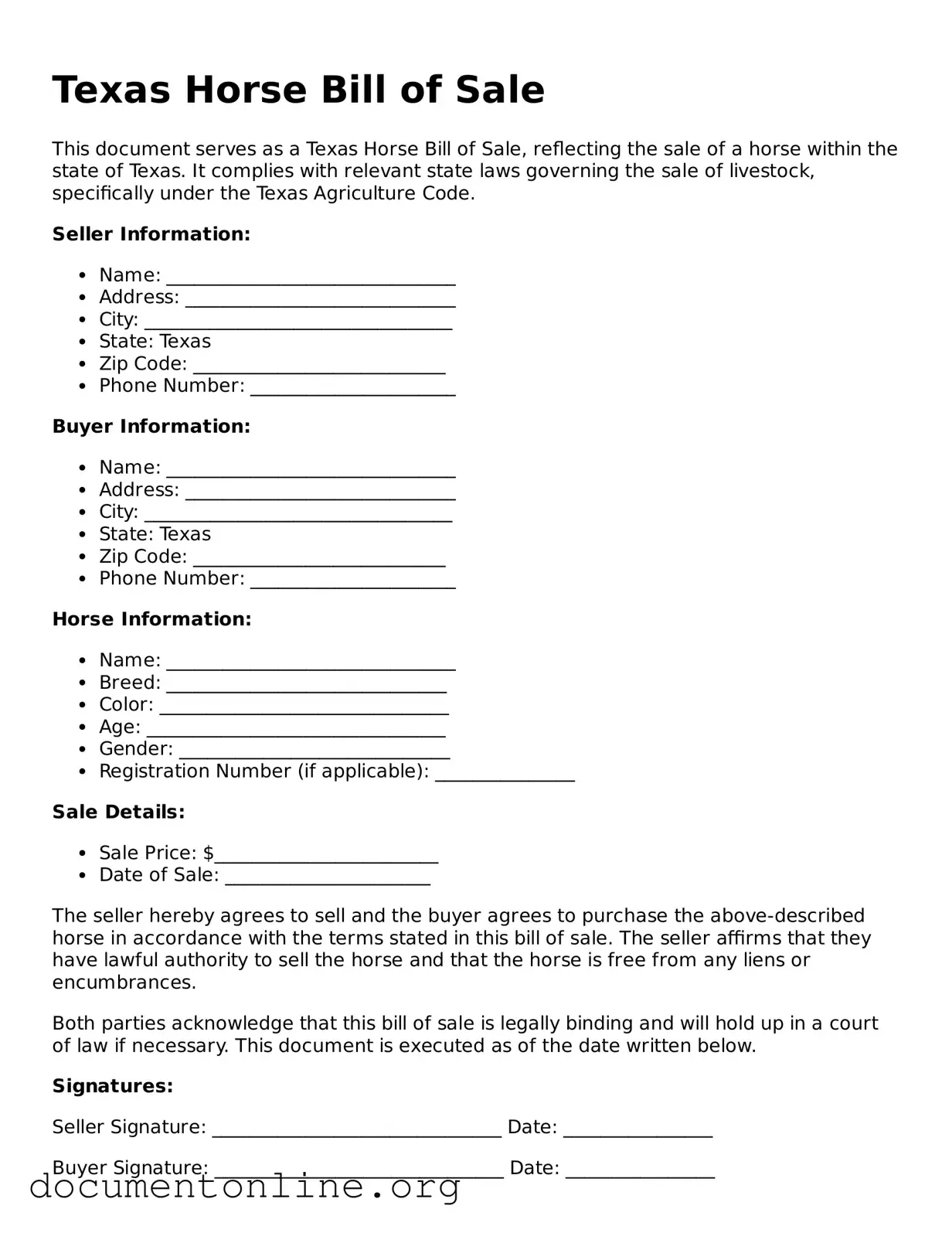 Free Horse Bill of Sale Form for Texas State
