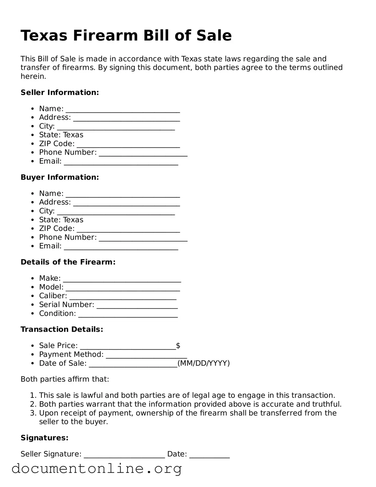 Free Firearm Bill of Sale Form for Texas State