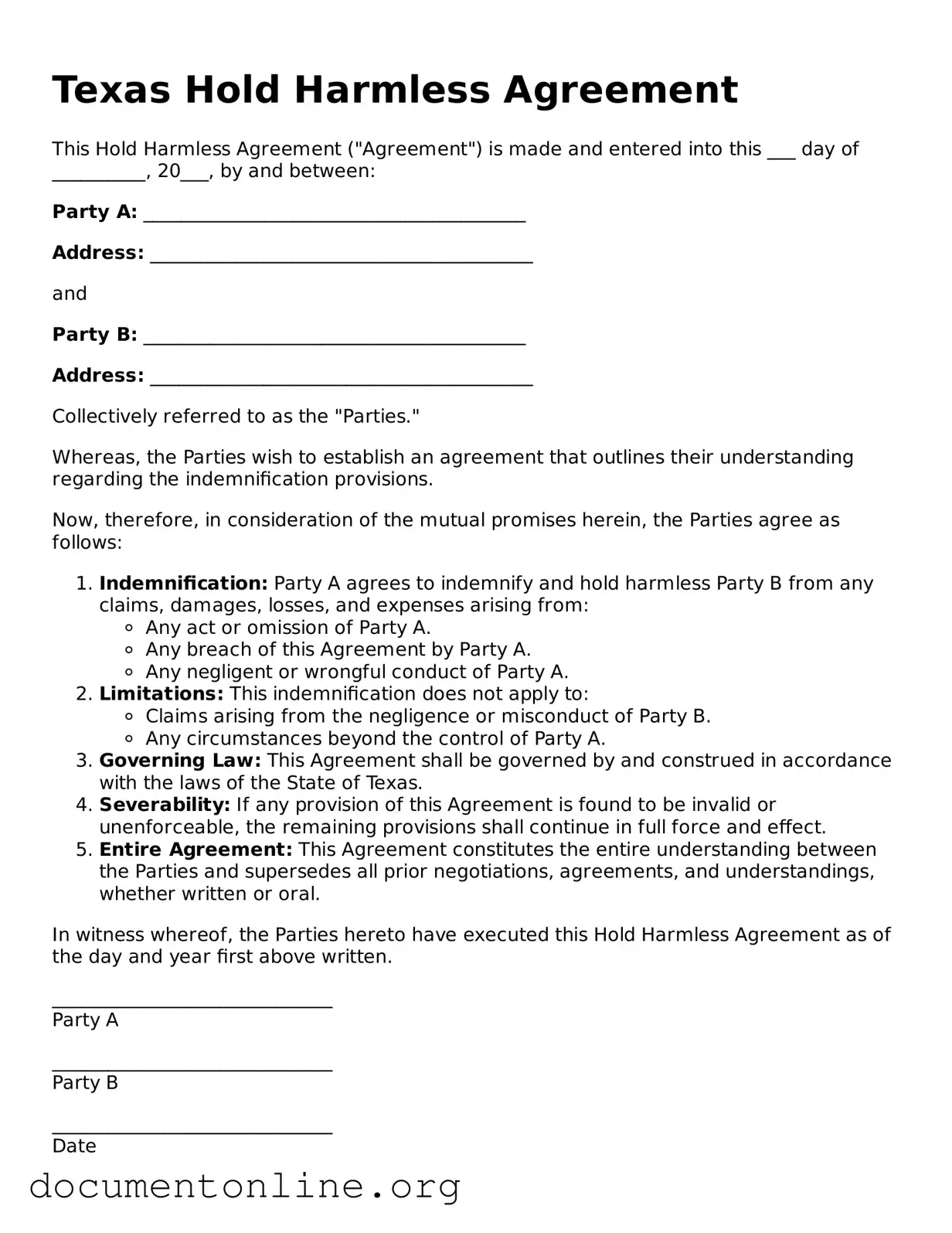 Free Hold Harmless Agreement Form for Texas State