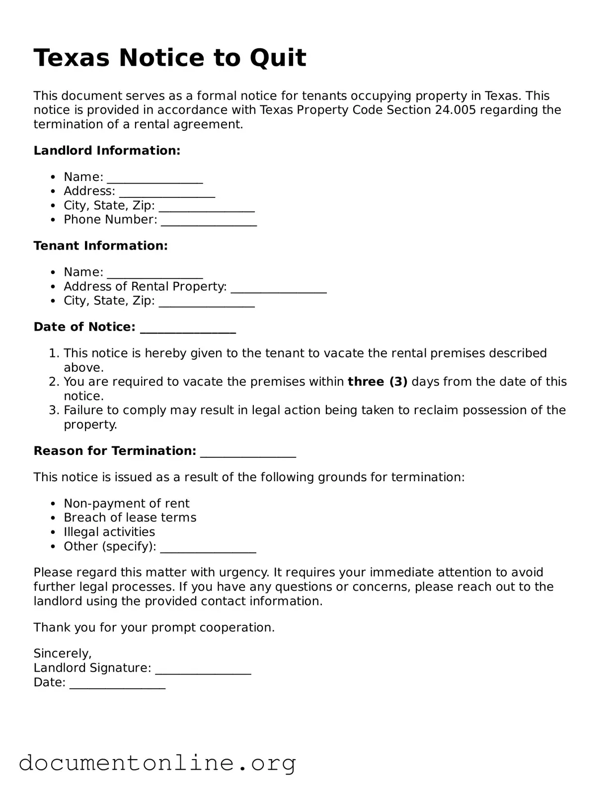 Free Notice to Quit Form for Texas State