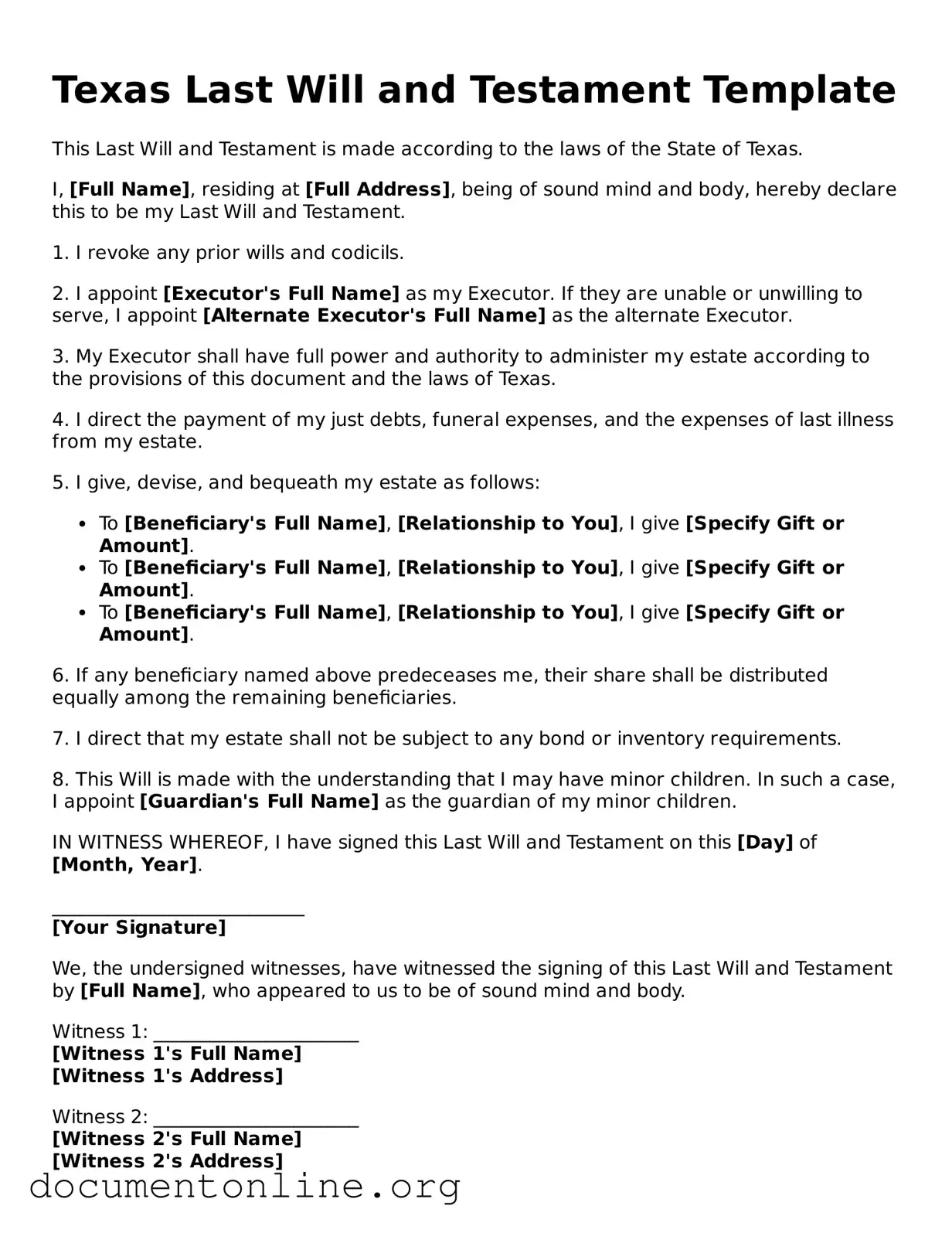 Free Last Will and Testament Form for Texas State