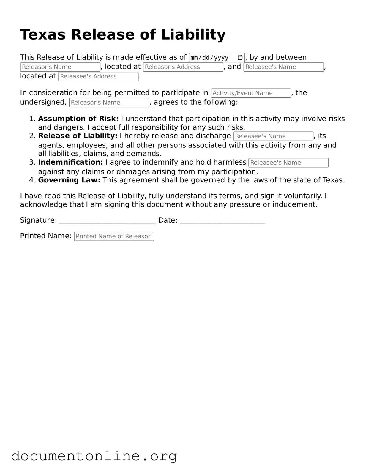 Free Release of Liability Form for Texas State