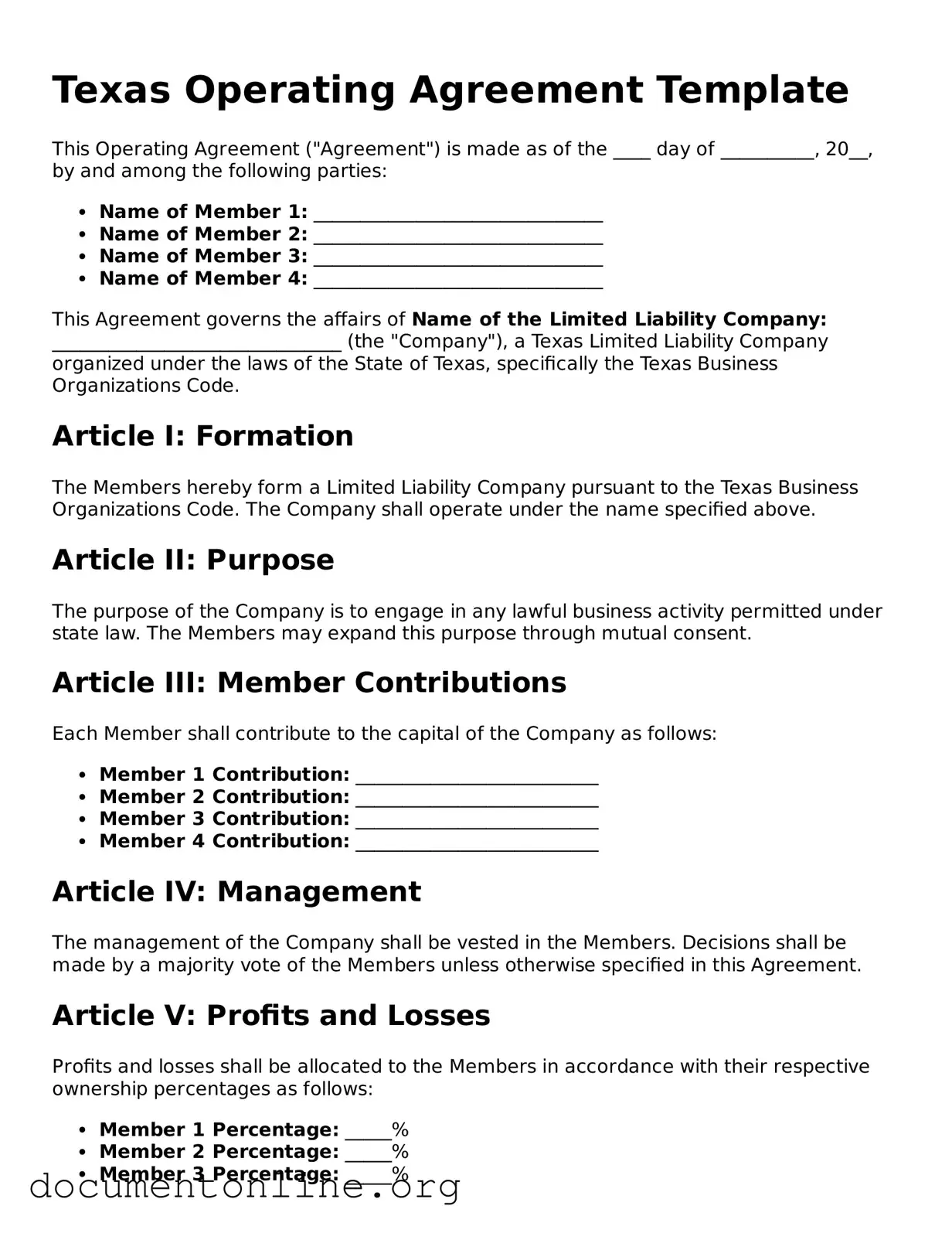 Free Operating Agreement Form for Texas State