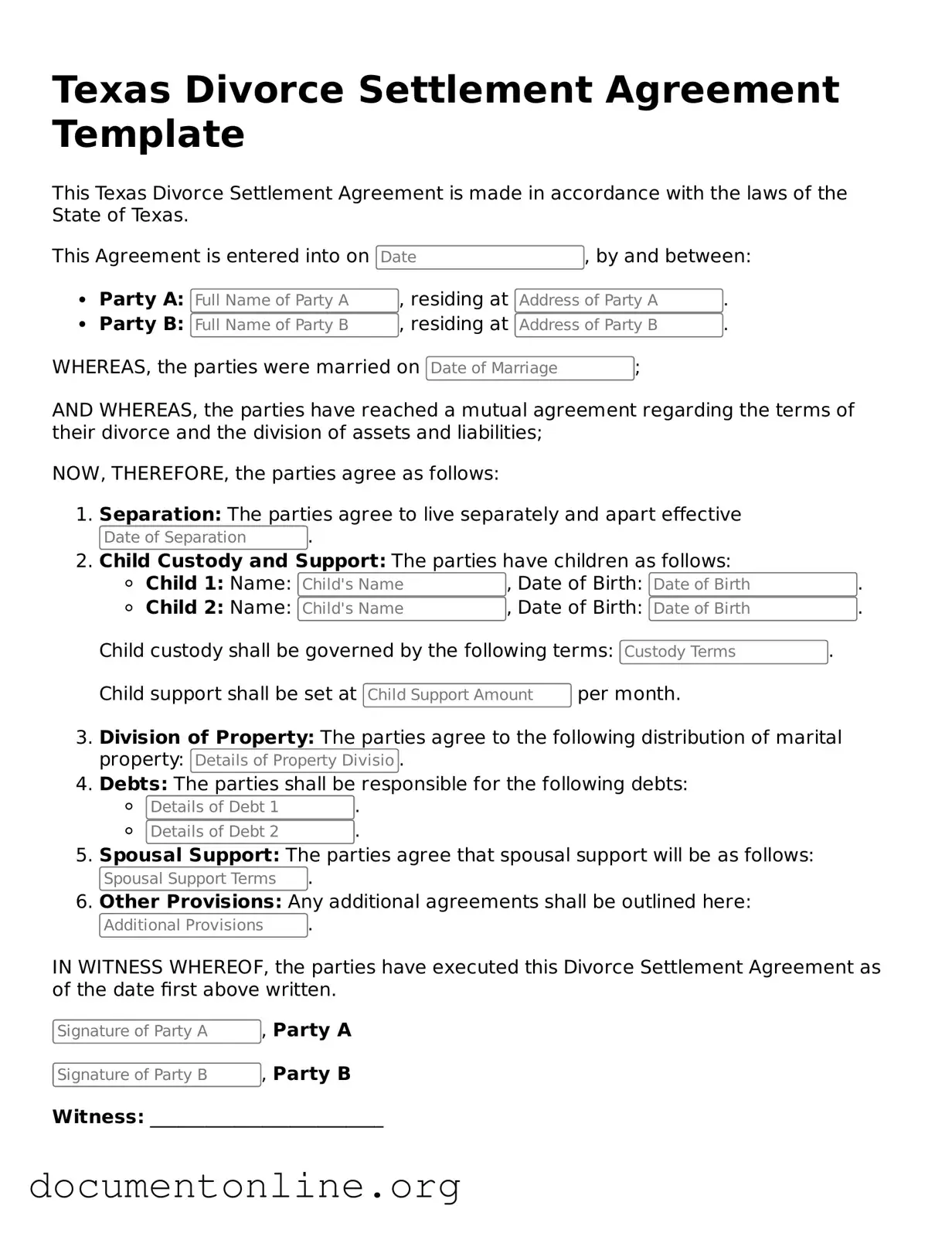 Free Divorce Settlement Agreement Form for Texas State
