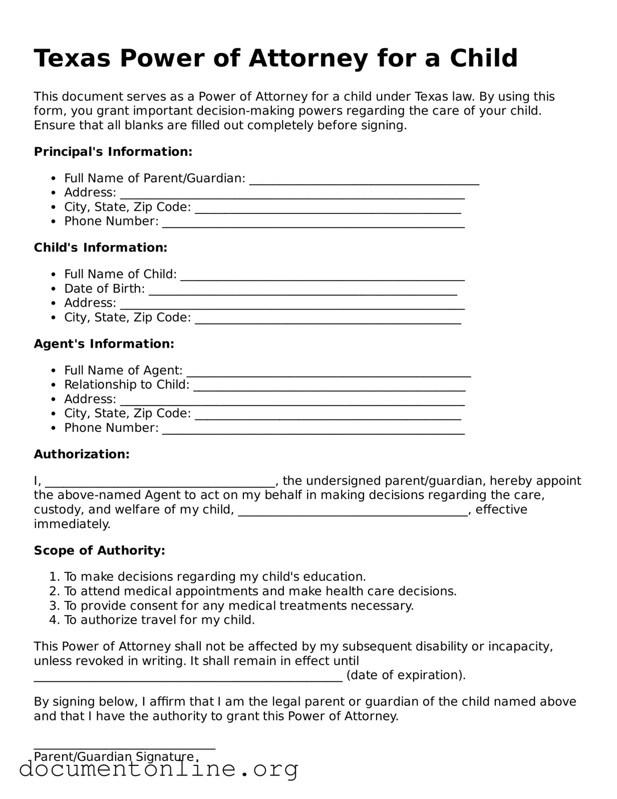 Free Power of Attorney for a Child Form for Texas State