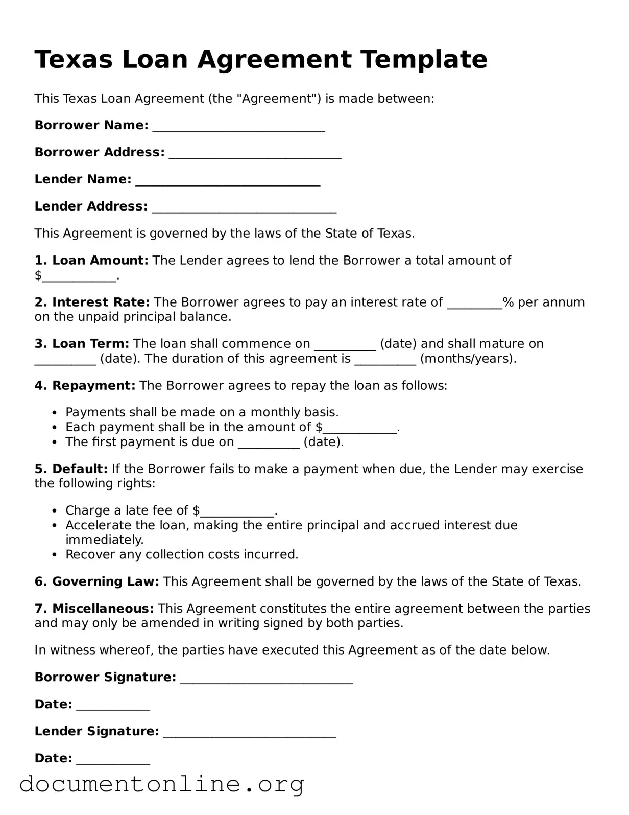 Free Loan Agreement Form for Texas State