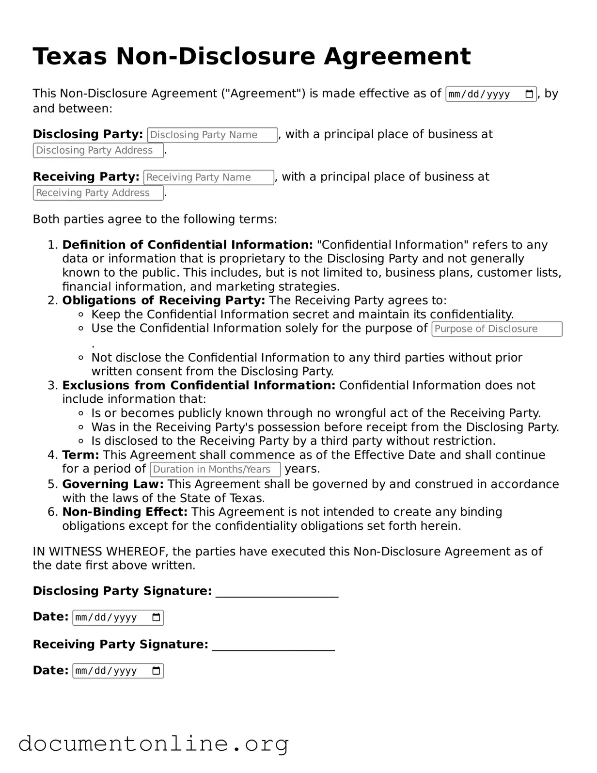 Free Non-disclosure Agreement Form for Texas State