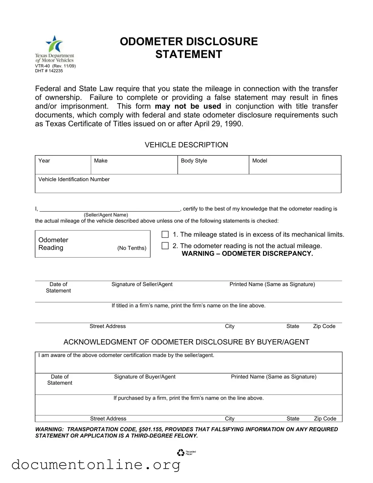 Free Texas Odometer Statement Template