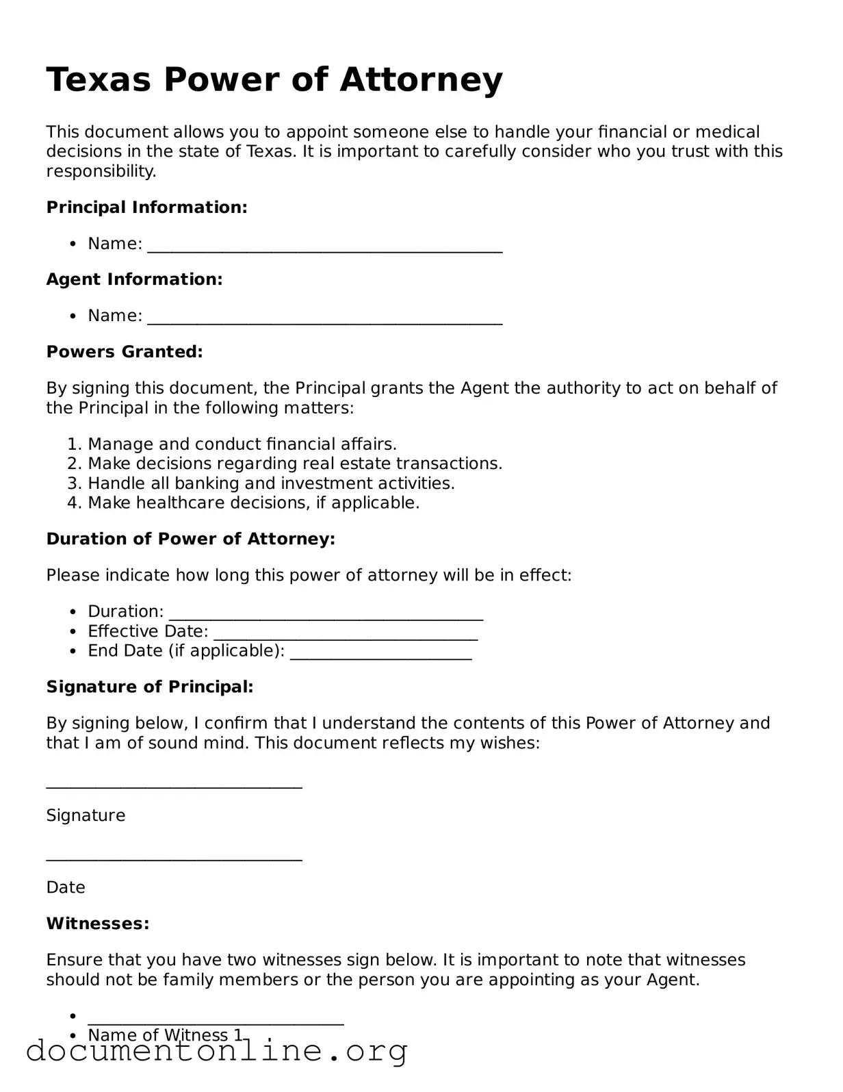 Free Power of Attorney Form for Texas State
