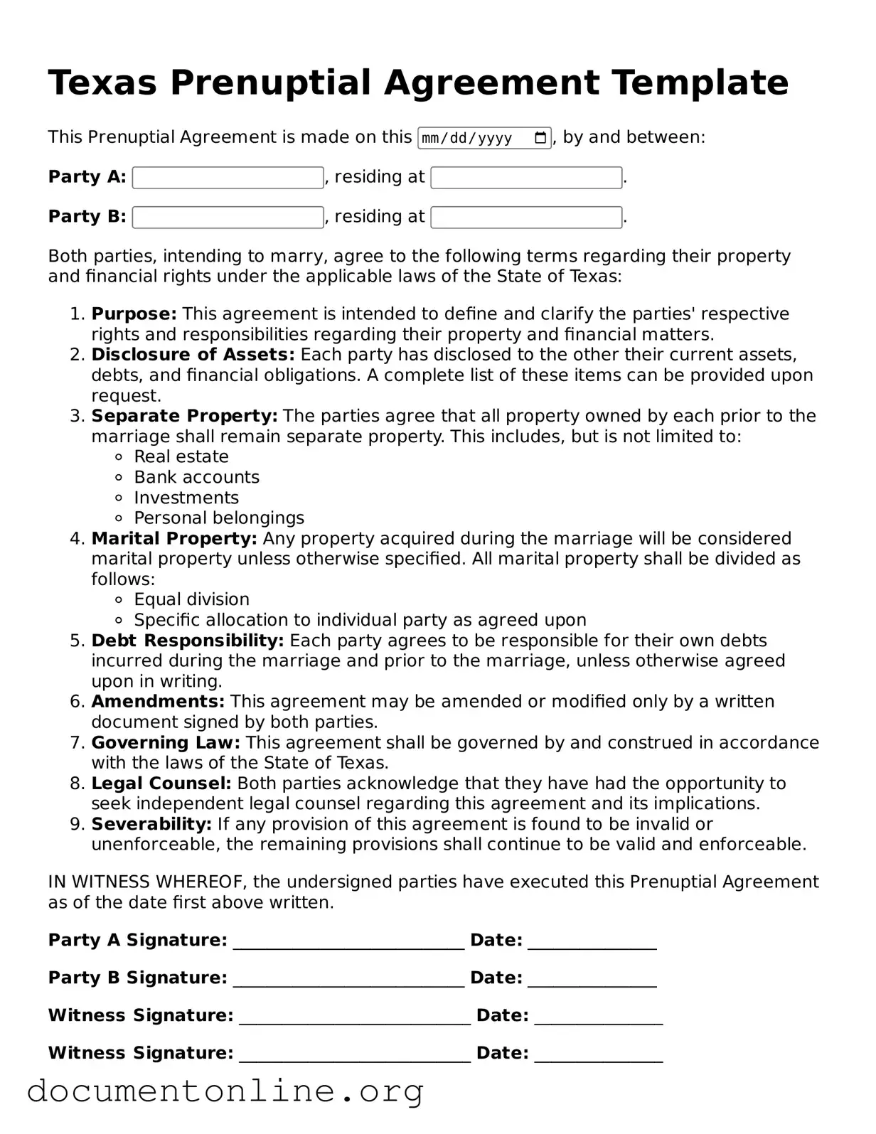 Free Prenuptial Agreement Form for Texas State