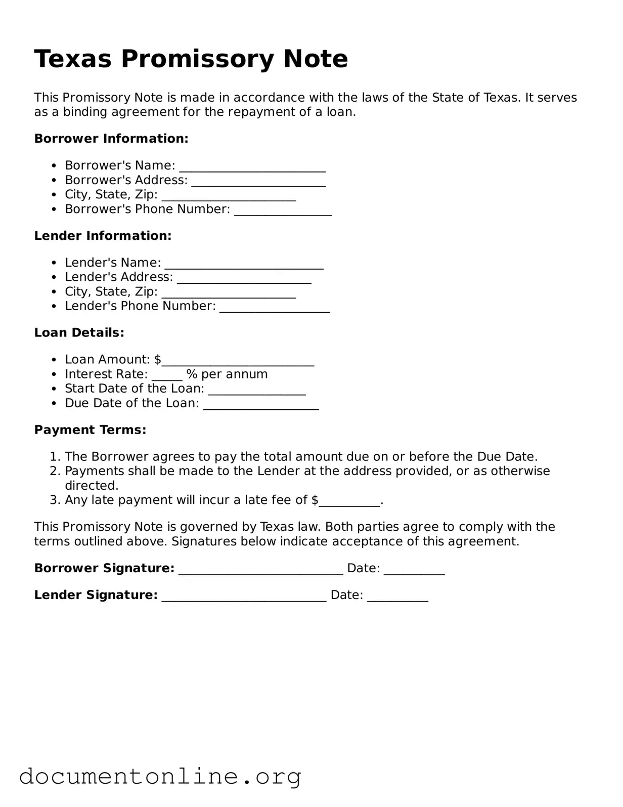 Free Promissory Note Form for Texas State