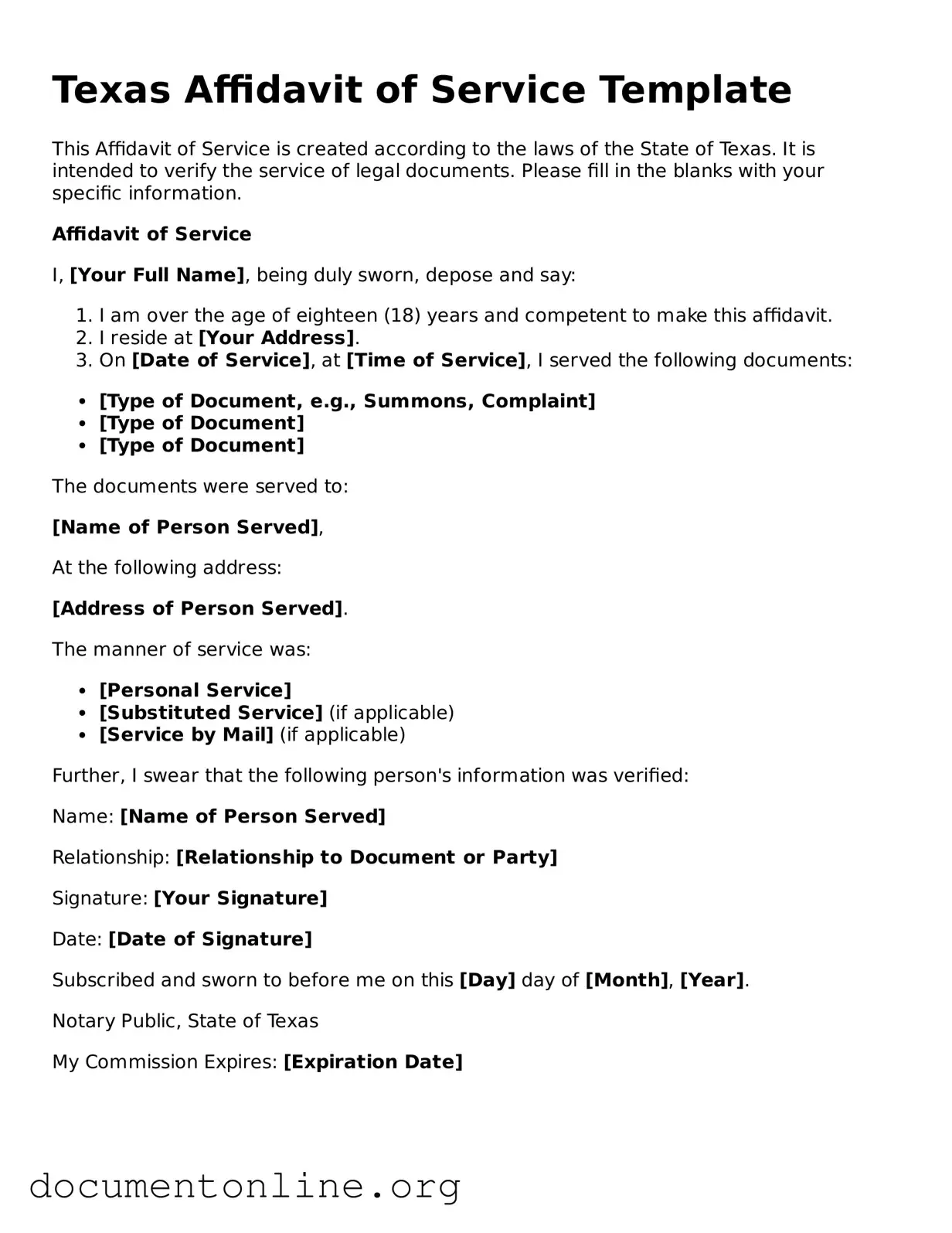 Free Affidavit of Service Form for Texas State