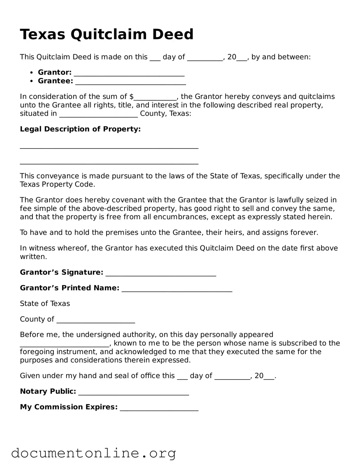 Free Quitclaim Deed Form for Texas State