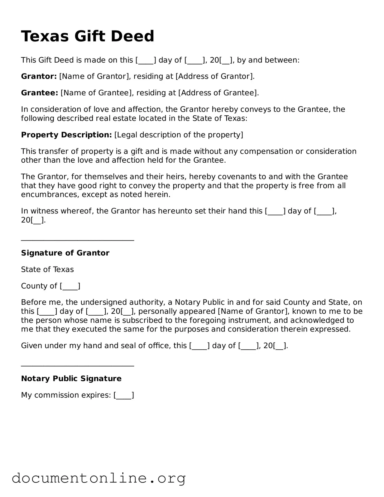 Free Gift Deed Form for Texas State