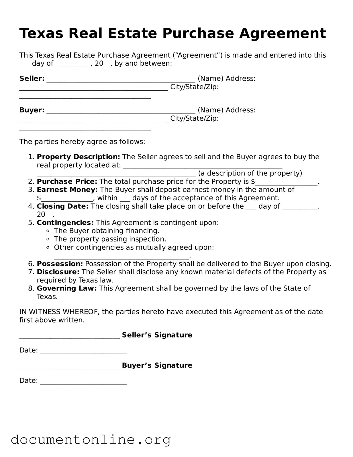 Free Real Estate Purchase Agreement Form for Texas State