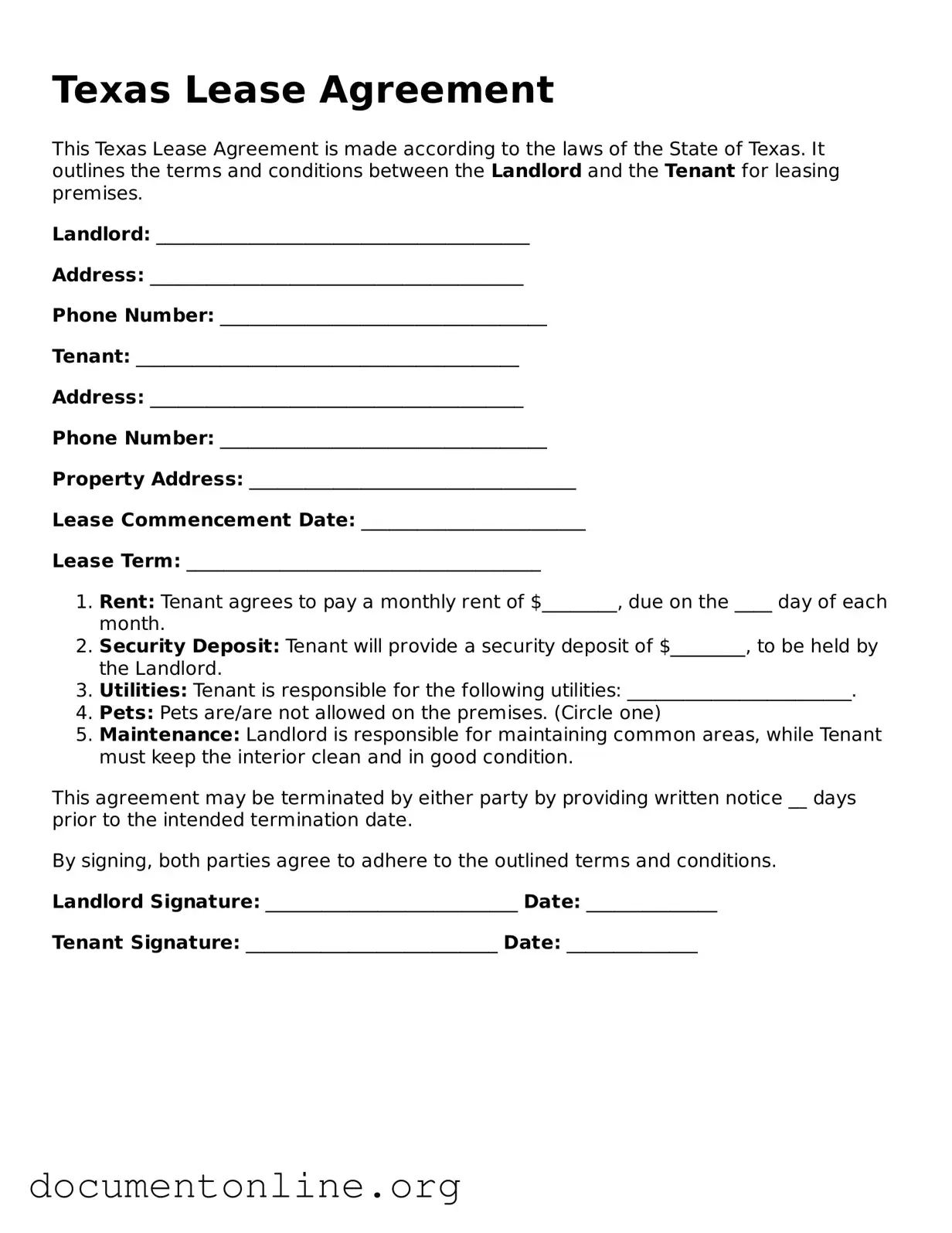 Free Lease Agreement Form for Texas State