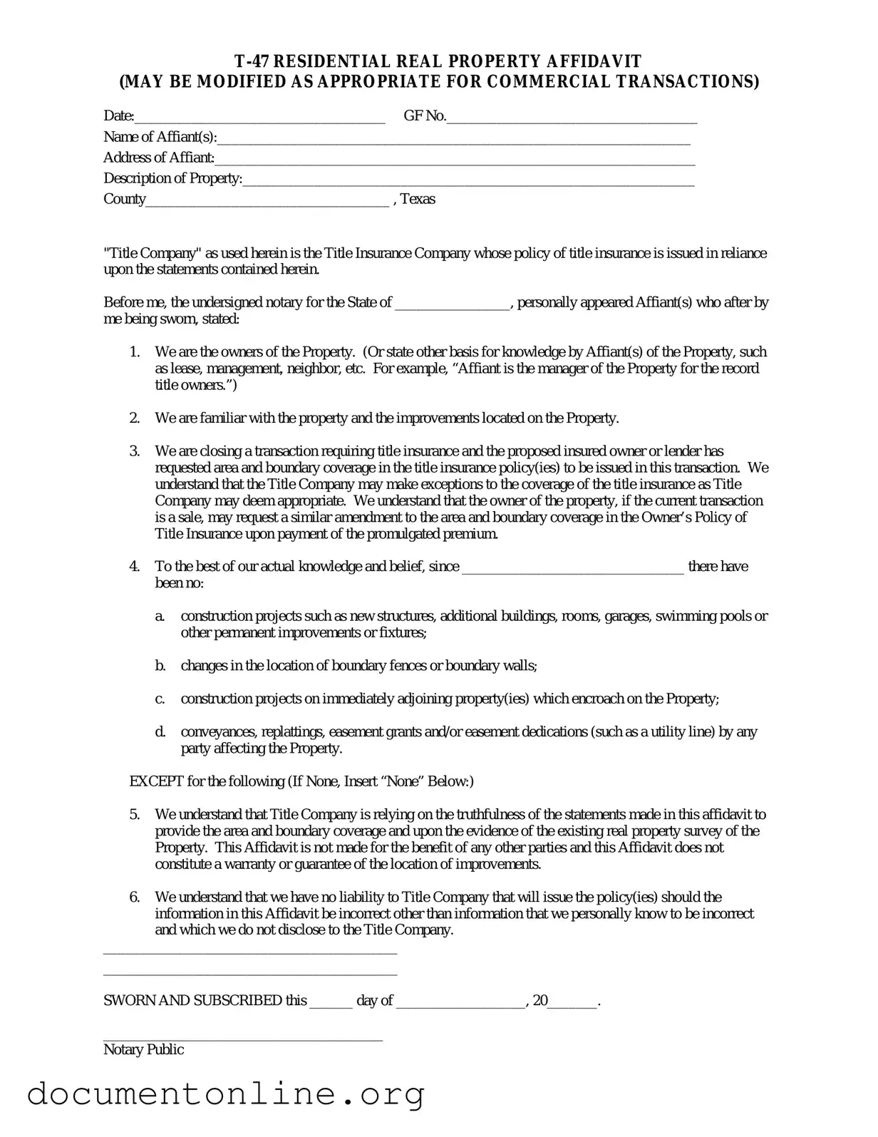 Free Texas residential property affidavit T-47 Template