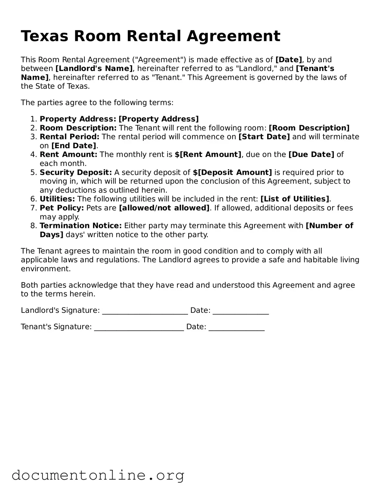 Free Room Rental Agreement Form for Texas State