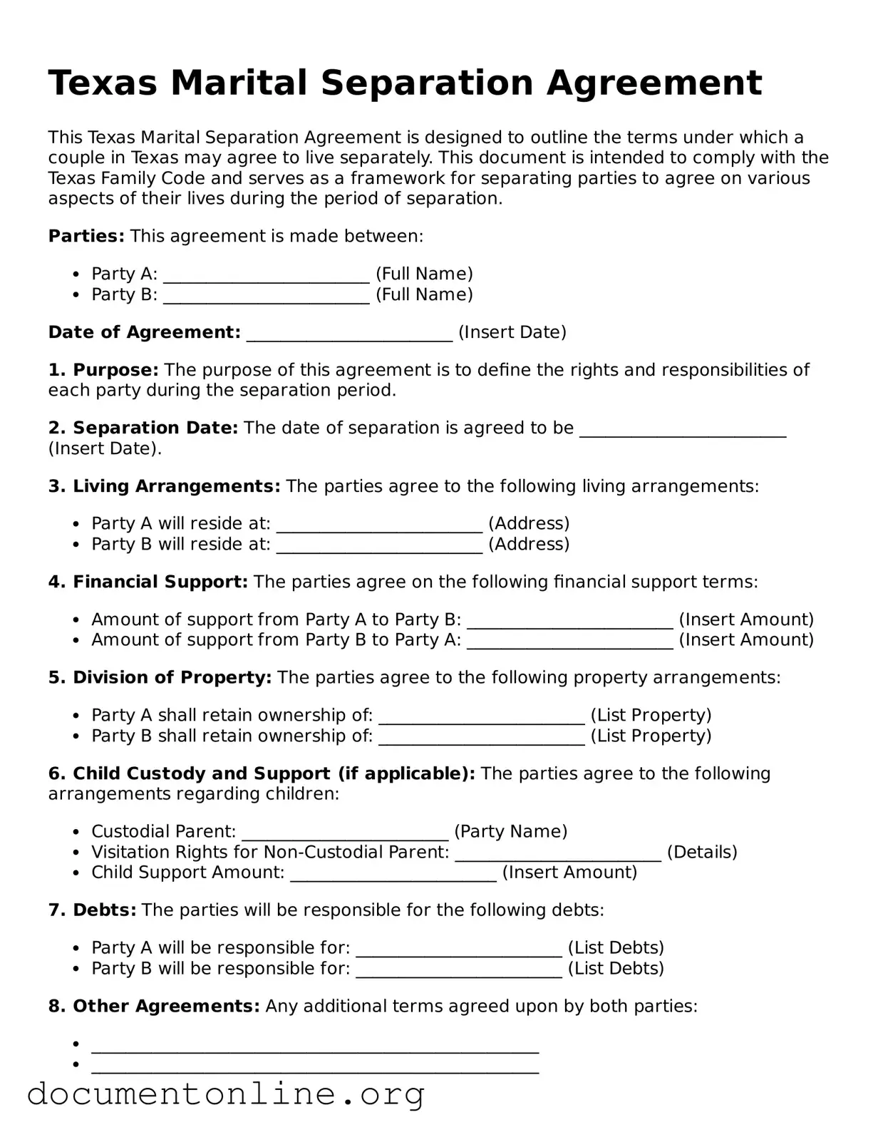 Free Marital Separation Agreement Form for Texas State