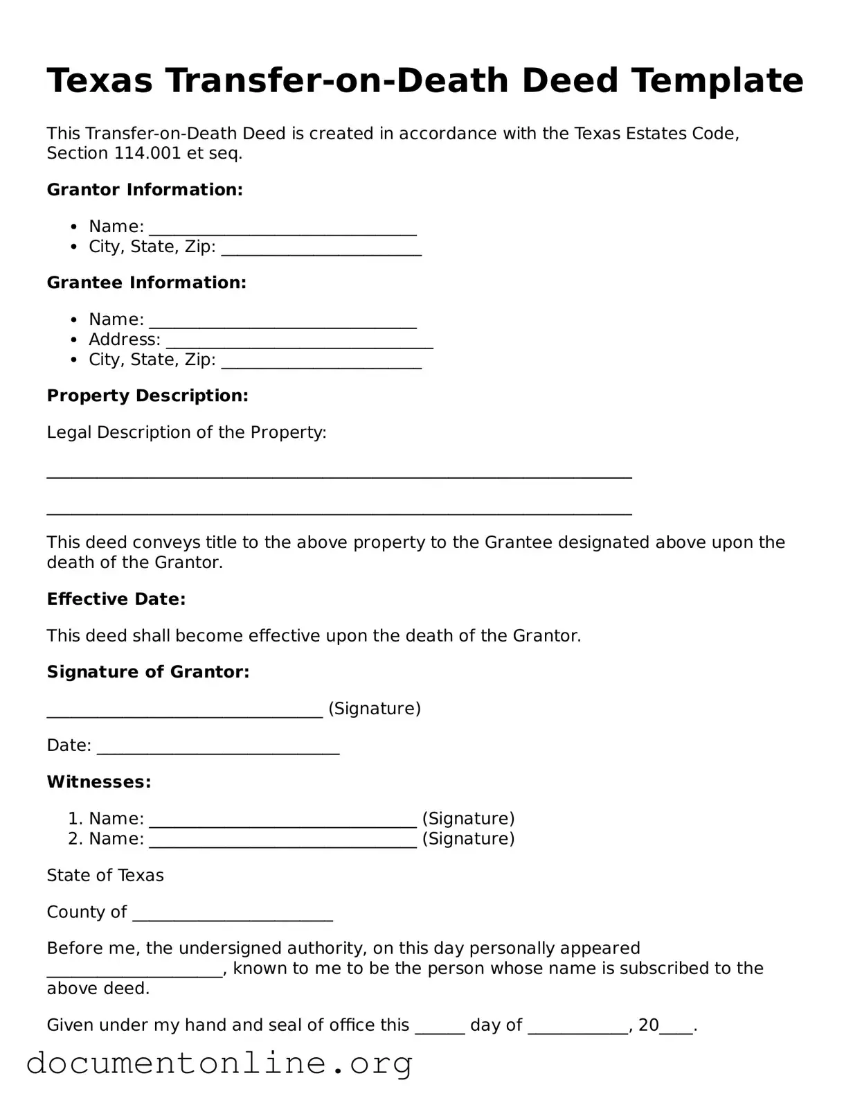 Free Transfer-on-Death Deed Form for Texas State