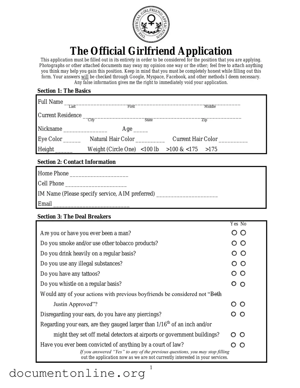Free Girlfriend Application Template