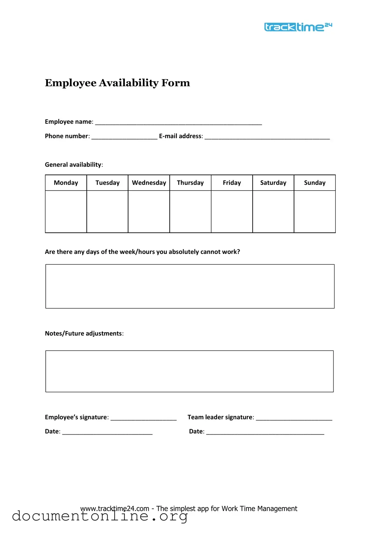 Free Employee Availability Template