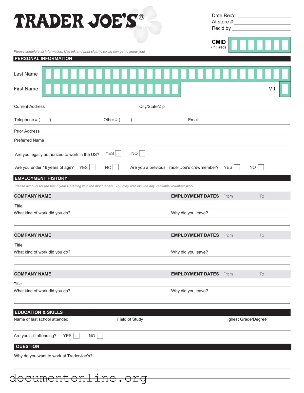 Free Trader Joe's application Template