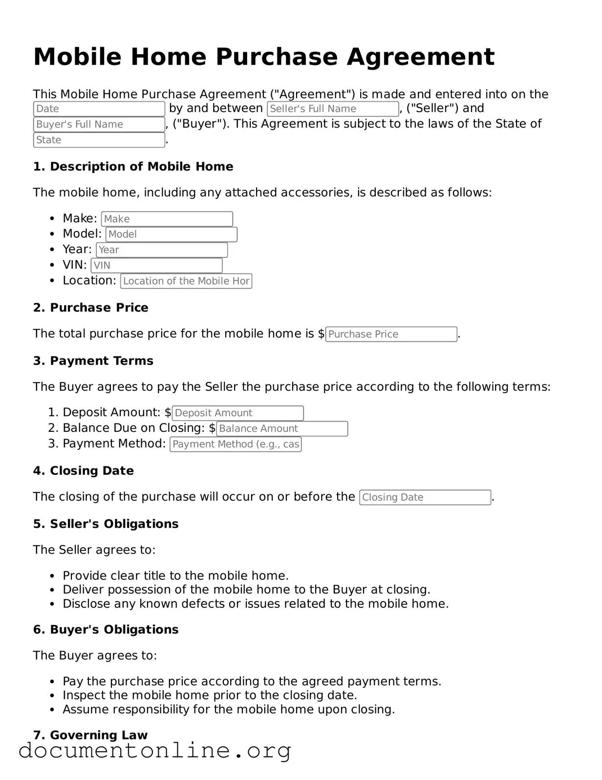 Free Mobile Home Purchase Agreement Form