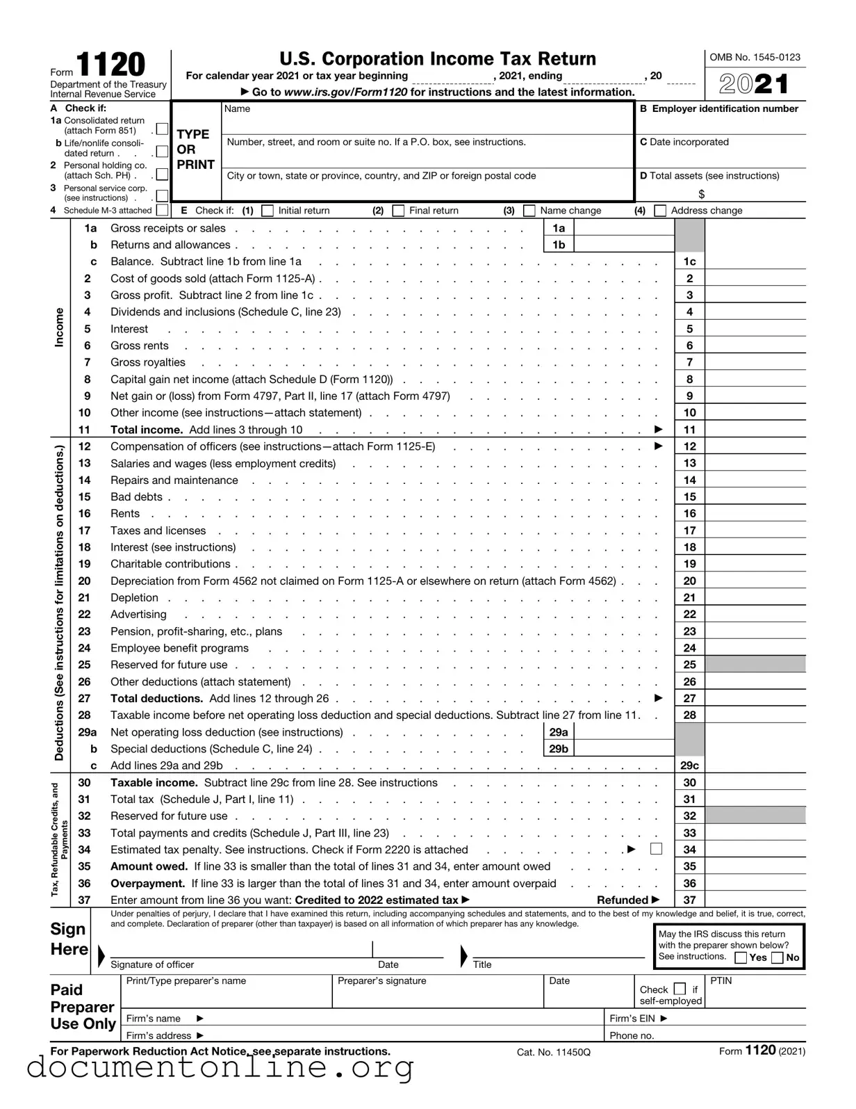 Free IRS 1120 Template
