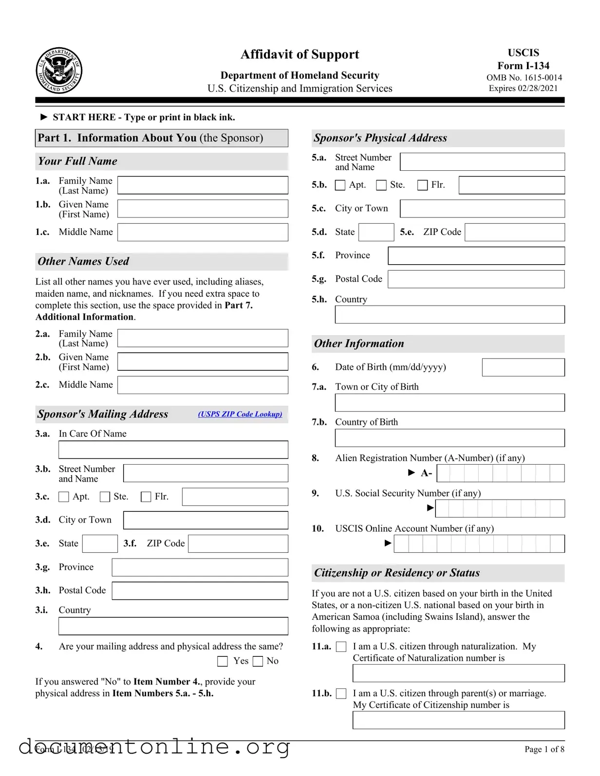 Free USCIS I-134 Template