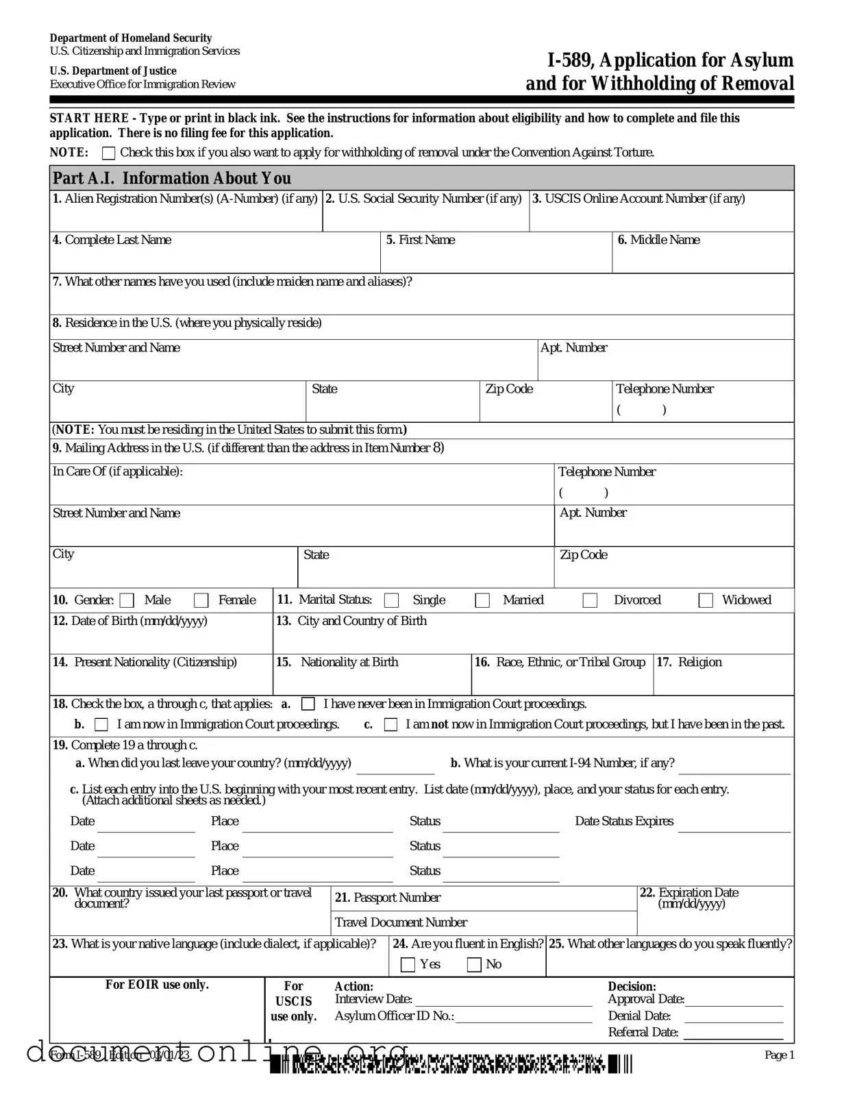 Free USCIS I-589 Template