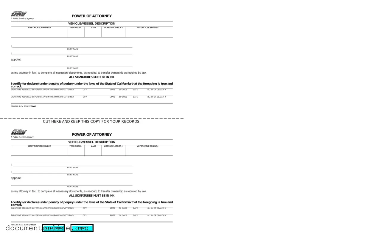 Free Vehicle POA REG 260 Template