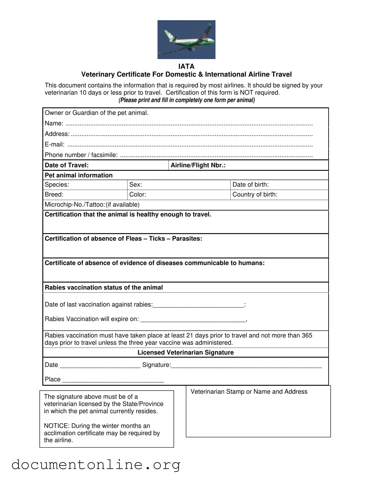 Free Veterinary Certificate Travel Template